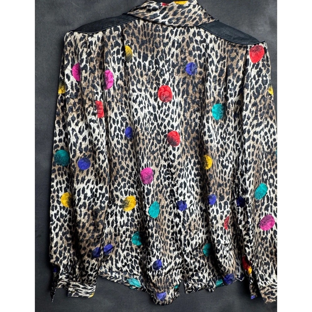 Nicola Vintage Leopard Print Blouse 12 Brown Multicolor Polka Dot 80s Shoulder - Picture 7 of 7